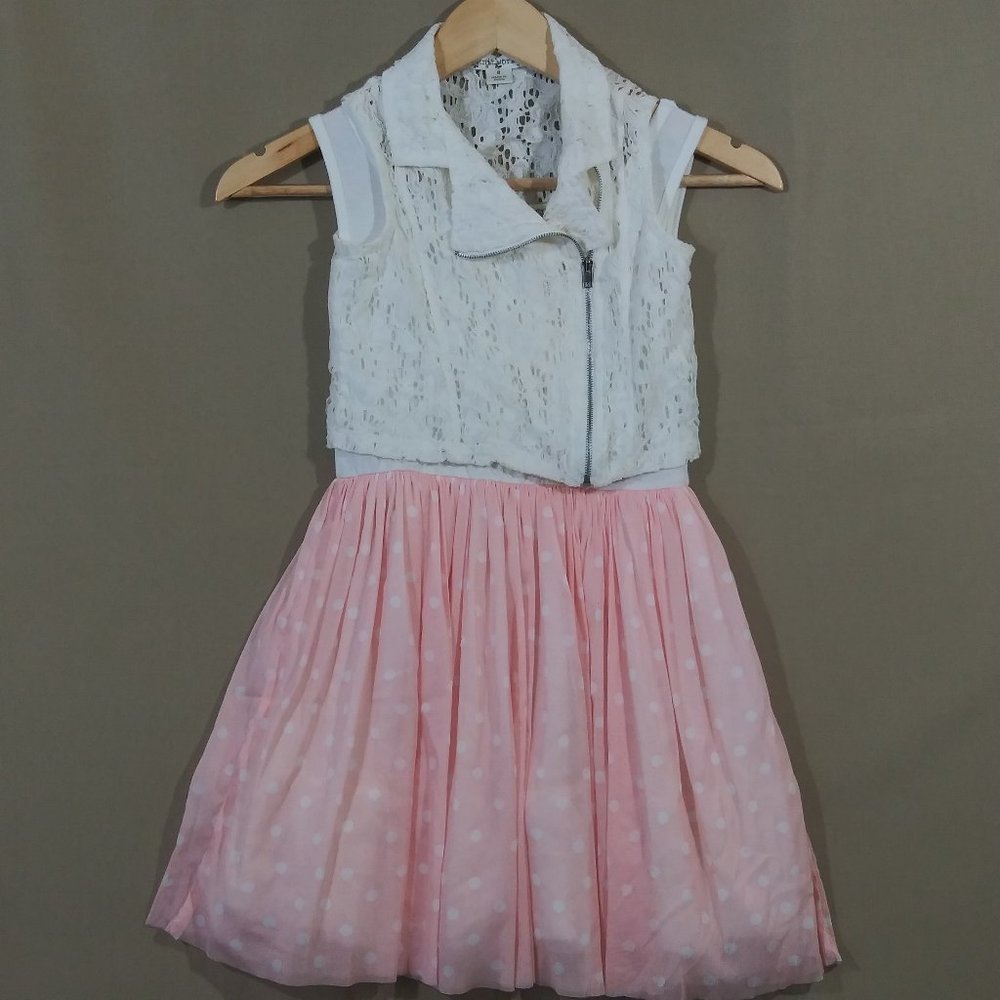 Girls Pink & White Polka Dot Tulle Dress with Matching White Vest - Size 8